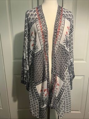 Impressions Floral & Paisley Open Kimono - White, Black & Red